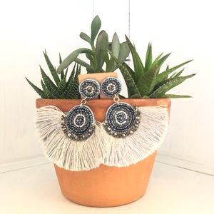 Handmade Gray Beaded Fringe Earrings